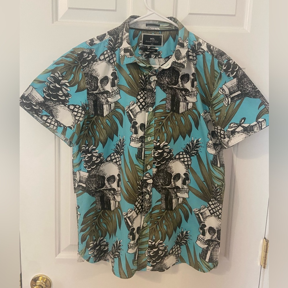MTL Skull Tropical Hawaiian Shirt Button Down Shirt Men’s Medium